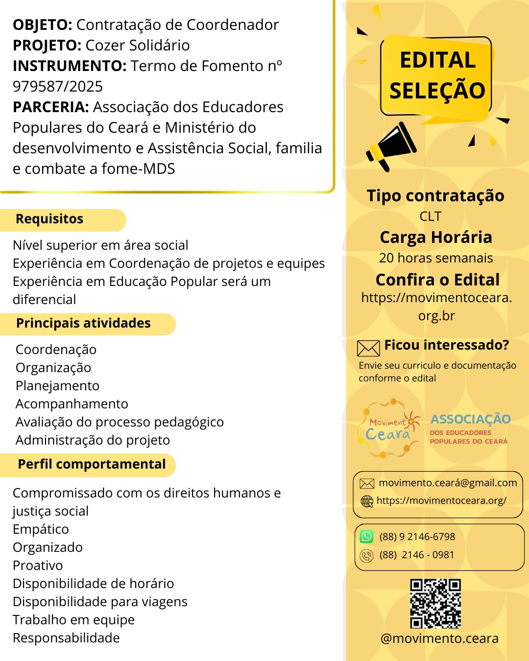 EDITAL N° 18/2025 – Processo Seletivo para Contratação de Coordenador(a) de Projetos – Cozer Solidário (MDS)