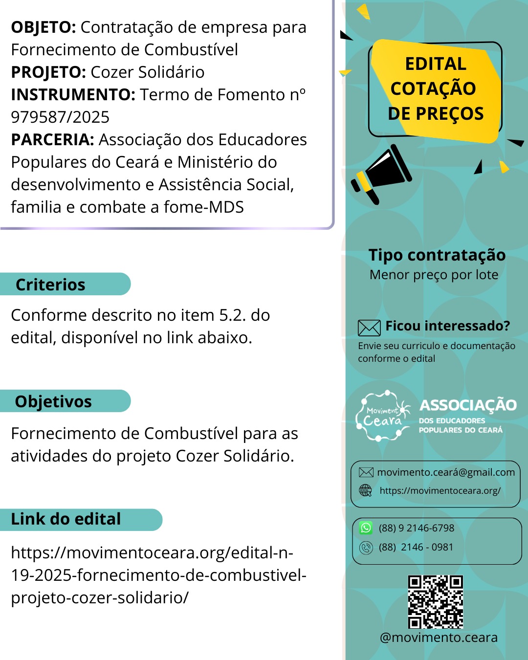 EDITAL N° 19/2025 – Cotação Prévia de Preços para Contratação de Empresa para Fornecimento de Combustível – Cozer Solidário (MDS)