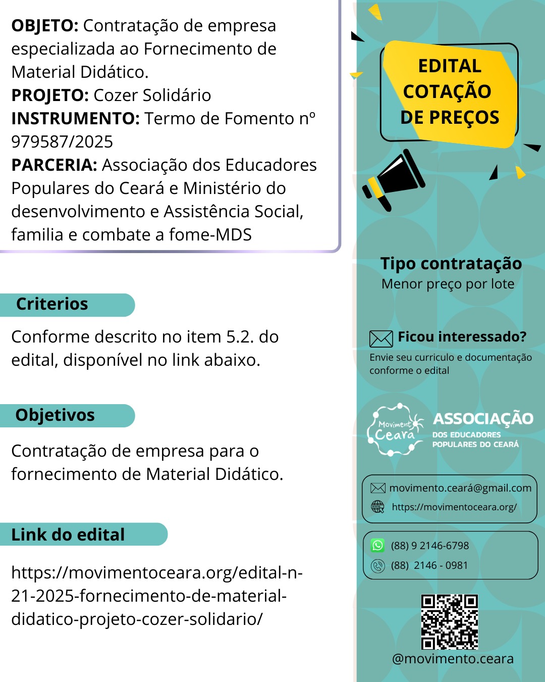 EDITAL N° 21/2025 – Cotação Prévia de Preços para Contratação de Empresa para Fornecimento de Material Didático – Cozer Solidário (MDS)