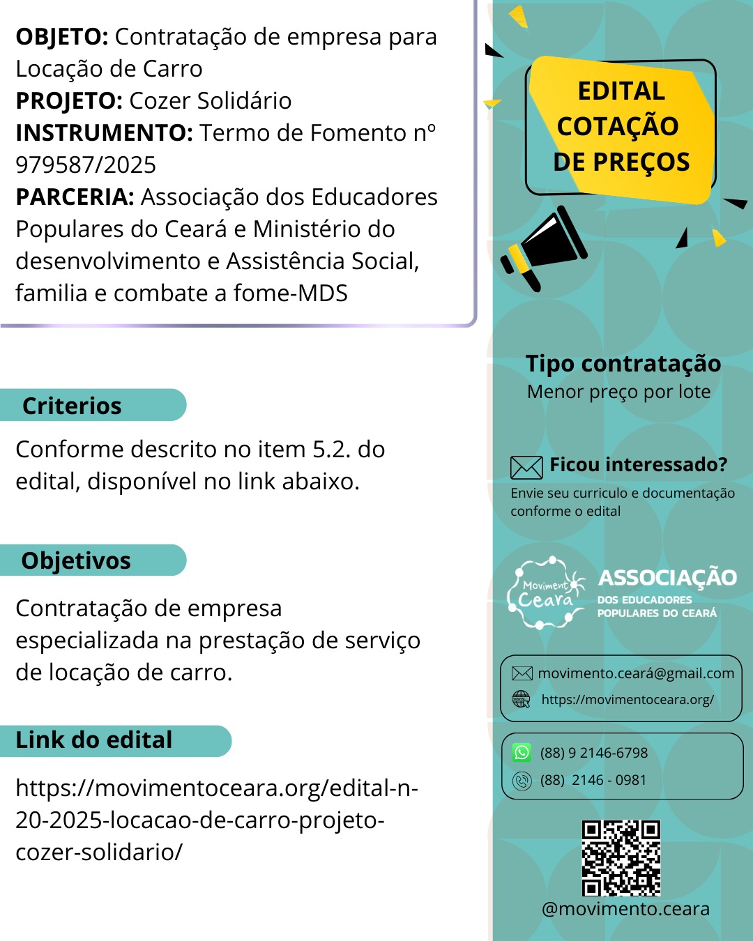 EDITAL N° 20/2025 – Cotação Prévia de Preços para Contratação de Empresa para Locação de Veículo – Cozer Solidário (MDS)