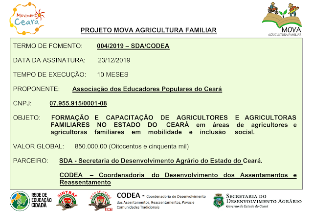 Projeto Mova Agricultura Familiar – Termo de Fomento 004/2019 – SDA/CODEA