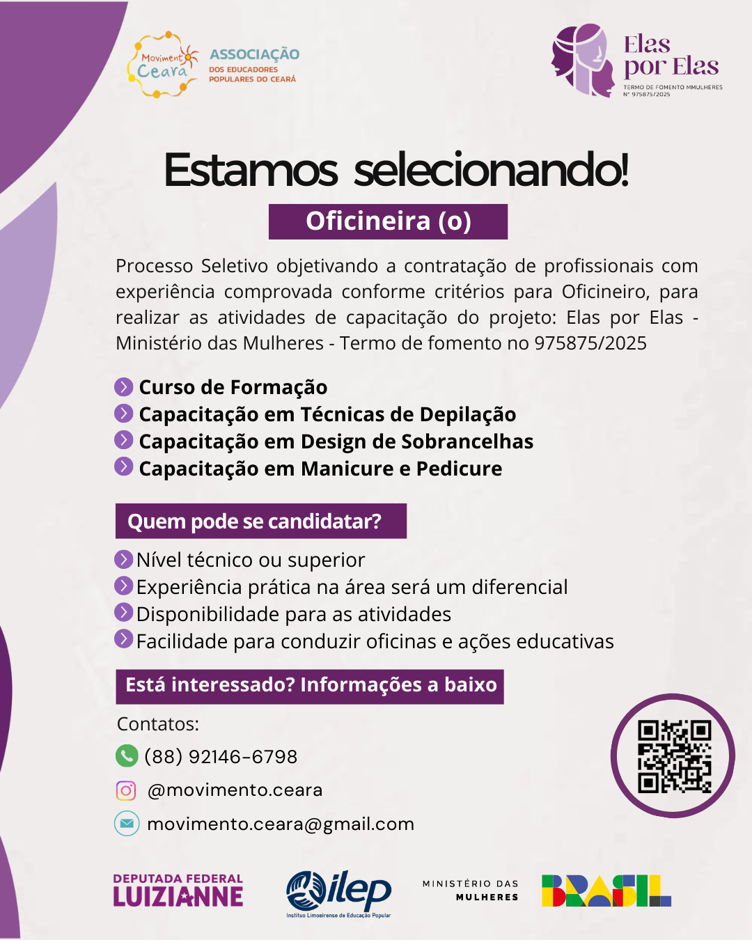 Edital de Processo Seletivo para Contratação de Oficineiro(a) – Elas por Elas – Ministério das Mulheres